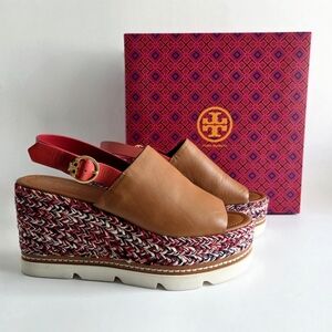 Tory Burch Miranda Espadrille Wedge Platform Leather Sandals With Box, Size 10.5